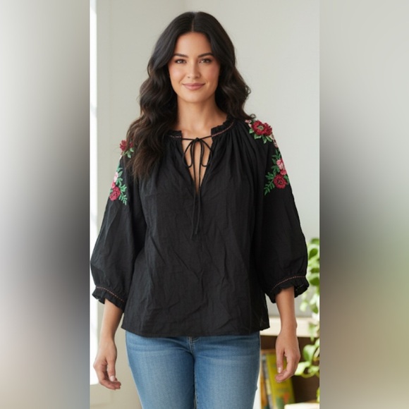 ZARA Boho Black Green Red Embroidered Voluminous 3/4 Sleeve Peasant Blouse XS - Picture 1 of 9